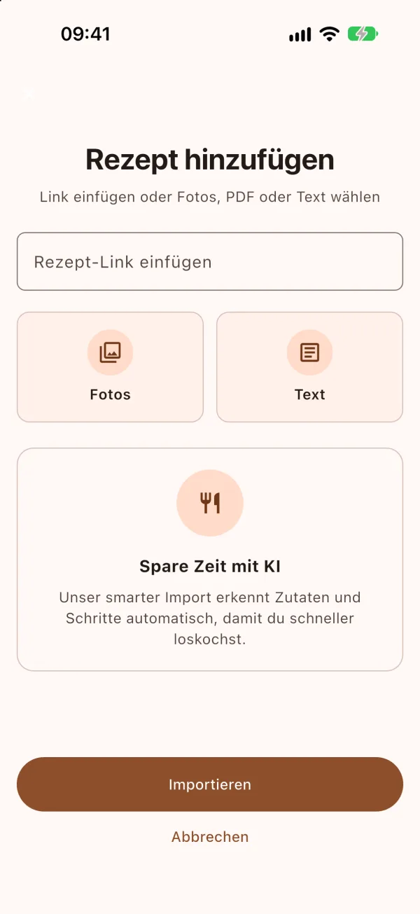 Add recipe: field for the recipe link, photos, text and the Import button