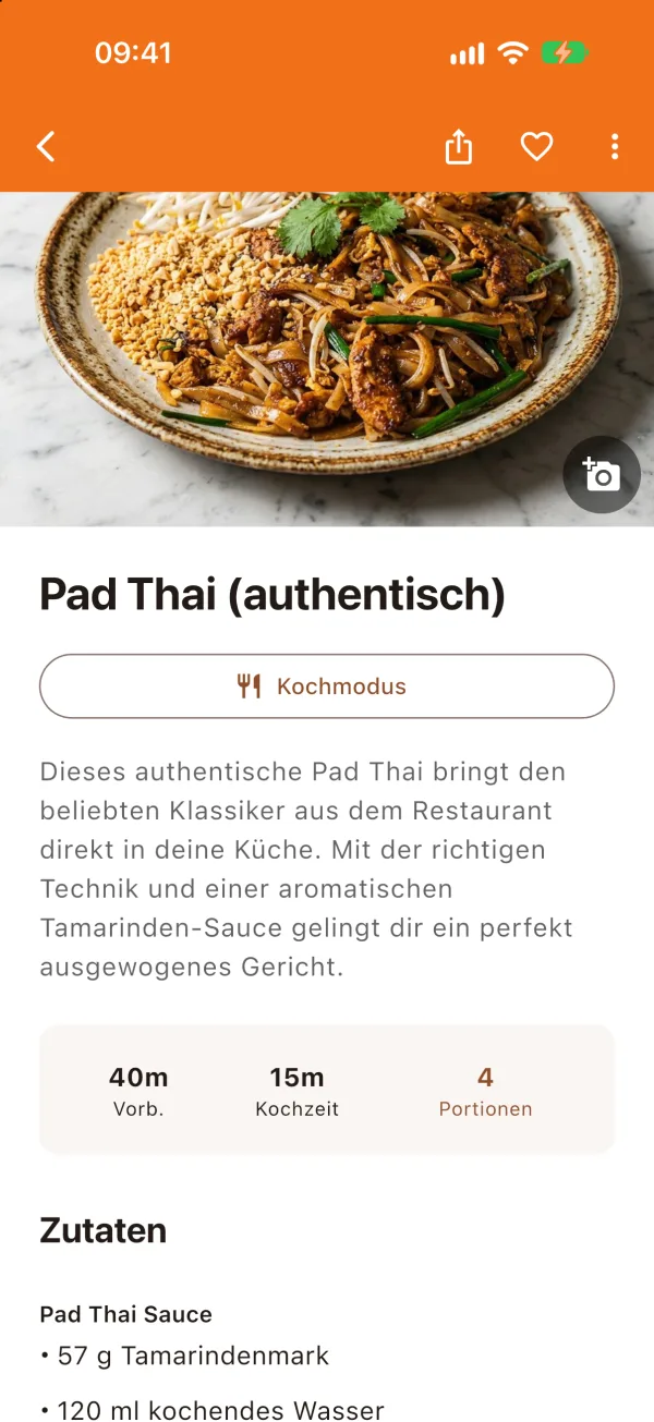 Recipe in DishWise: Pad Thai (authentisch) with photo, cooking mode button, description, 40 minutes prep, 15 minutes cooking, 4 servings and the first ingredients